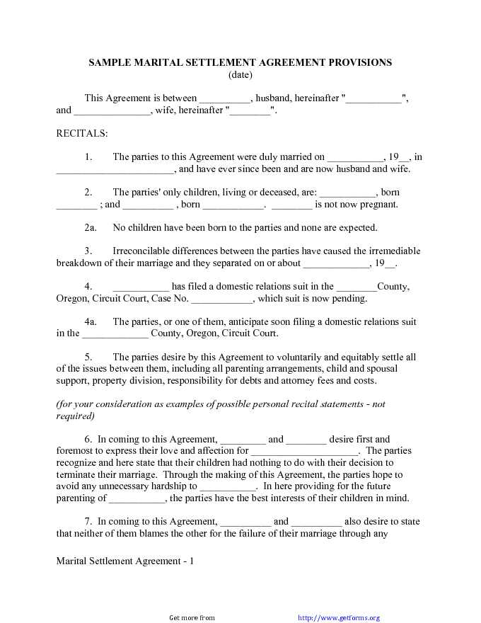 Sample Marital Settlement Agreement Provisions