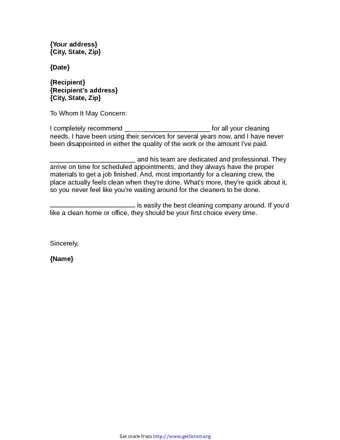 Download Cleaning Recommendation Letter