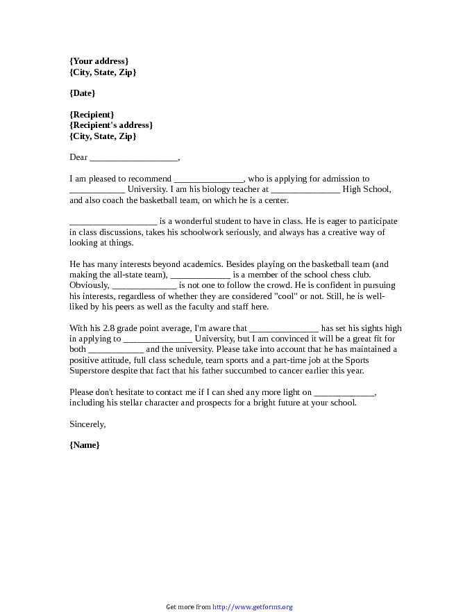 Letter of Recommendation for Middle School Student - download ...