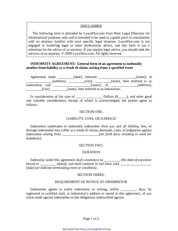 Indemnity Agreement 2 download Business Law for free PDF or Word
