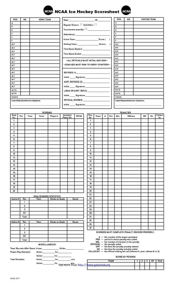 NCAA Ice Hockey Scoresheet download Score Sheet for free PDF or Word