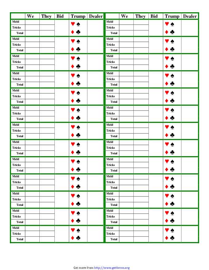 Pinochle Cheat Sheet download Score Sheet for free PDF or Word