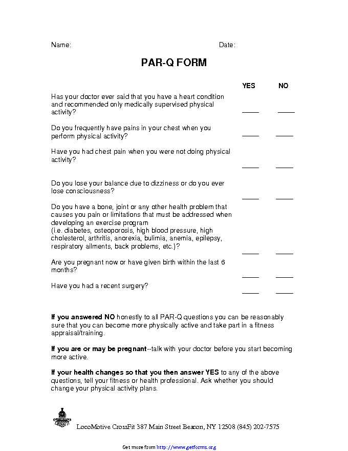 Physical Activity Readiness Questionnaire PAR q Download Social Security Form For Free PDF